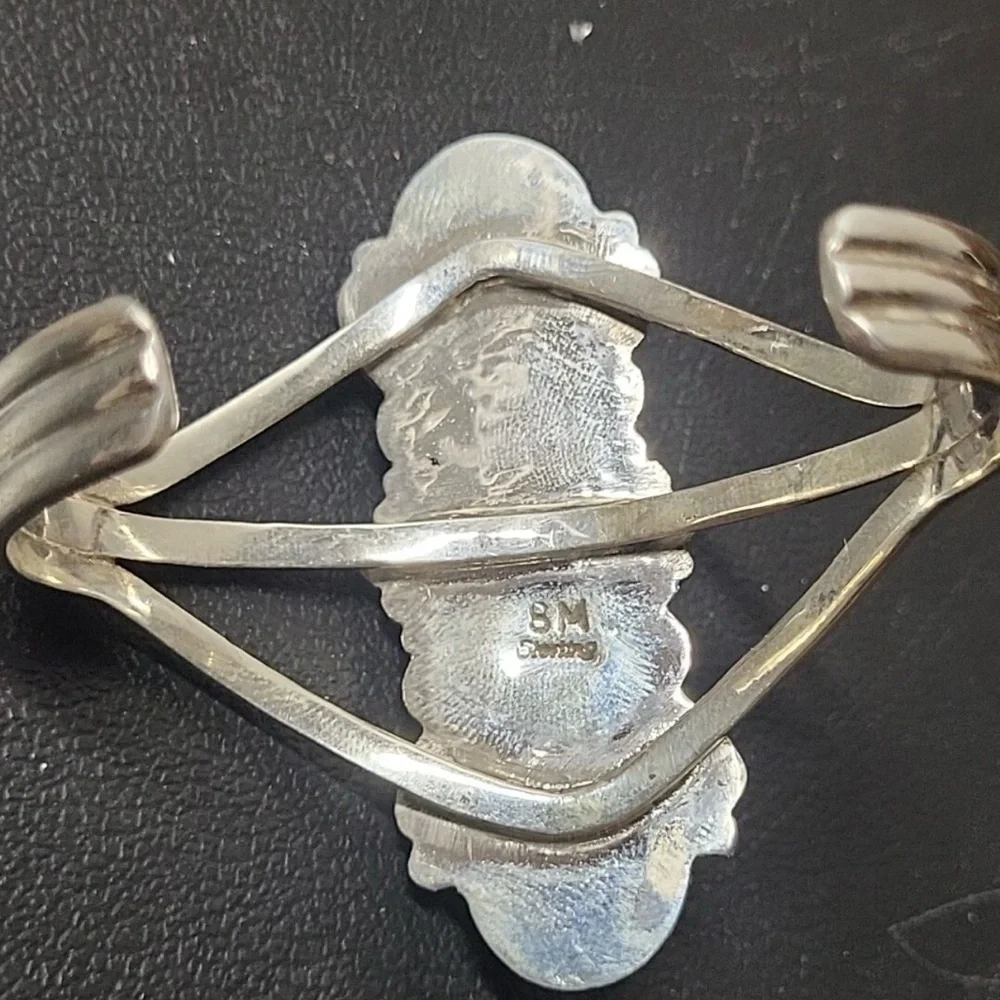 Native American Large Sterling Silver Triple Turquoise Stone Cuff Bracelet ... - Picture 7 of 14